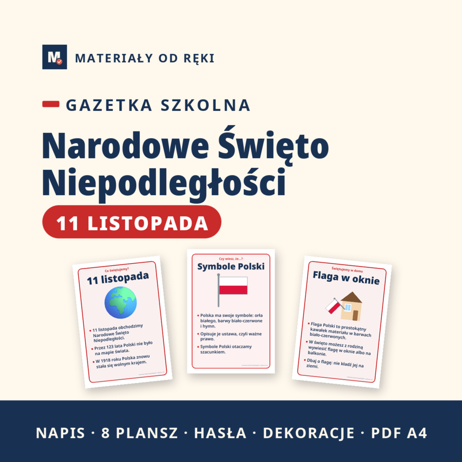 Gazetka na Narodowe Święto Niepodległości 11 listopada: napis, 8 plansz o symbolach Polski, hasła i dekoracje, klasy 1-3