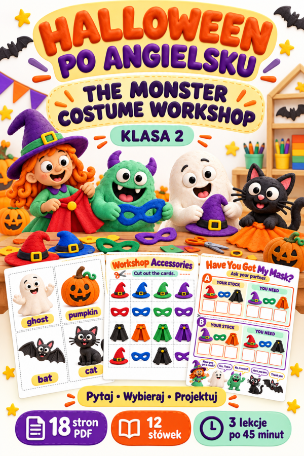 Halloween po angielsku – The Monster Costume Workshop | Klasa 2 | Gry, flashcards i speaking | 18 stron PDF
