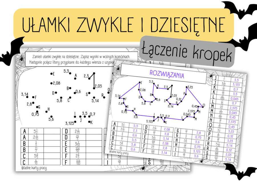 UŁAMKI ZWYKŁE I DZIESIĘTNE - zamiana - łączenie kropek - HALLOWEEN
