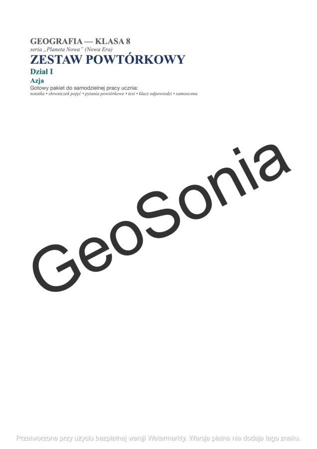 GEOGRAFIA KLASA 8 – Zestaw Powtórkowy: Dział I – Azja (Planeta Nowa)