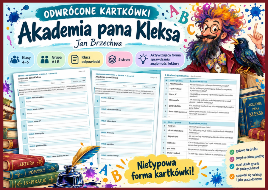 "AKADEMIA PANA KLEKSA " - odwrócona kartkówka - 2 grupy - klucz odpowiedzi