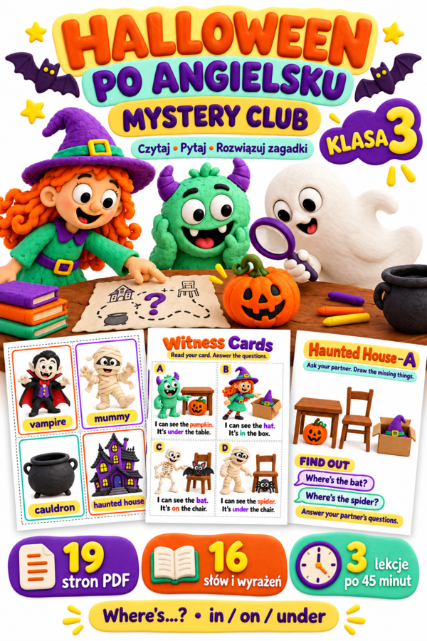 Halloween Mystery Club | Angielski, klasa 3 | Zagadki, flashcards i speaking | 19 stron PDF