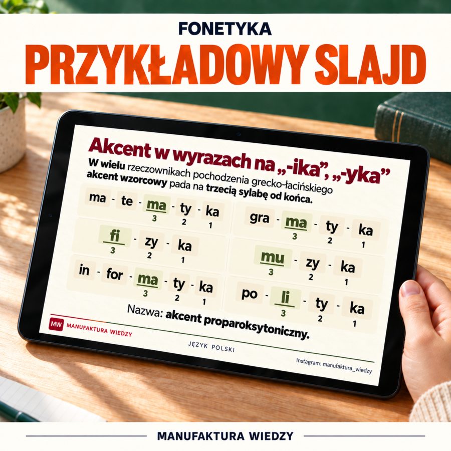 Fonetyka – prezentacja 77 slajdów + notatka do druku – głoski, litery, sylaby, funkcje „i”, akcent