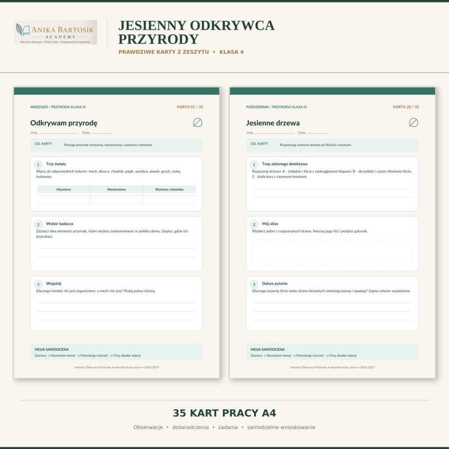 🍁 JESIENNY ODKRYWCA PRZYRODY – 35 KART PRACY | KLASA 4 | NOWA PODSTAWA PROGRAMOWA 2026