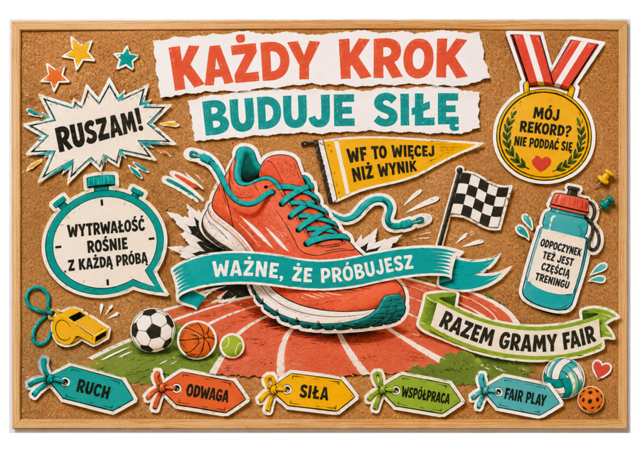 KAŻDY KROK BUDUJE SIŁĘ – wielkoformatowa gazetka na WF i sport w kilku rozmiarach