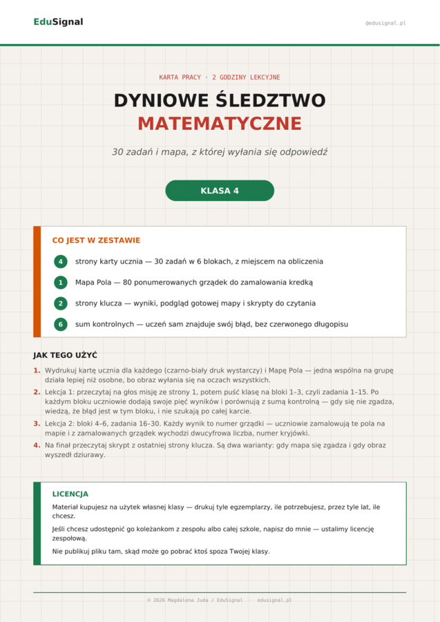 Dyniowe Śledztwo — gra matematyczna, klasa 4 (30 zadań + mapa + klucz)