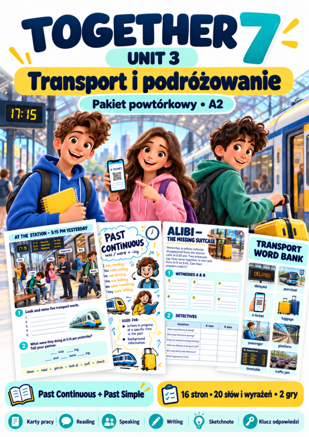 Together 7 Unit 3 – Transport i podróżowanie | Powtórka A2, Past Continuous i Past Simple – 16 stron