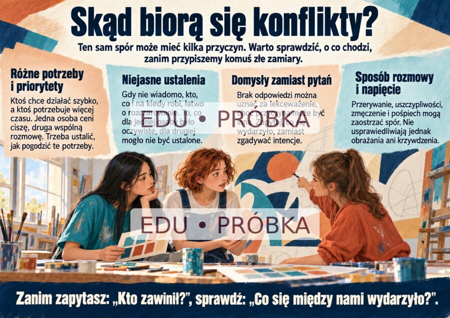KONFLIKT — Jak się różnić i nie ranić? | 20 plansz A4 | Gazetka edukacyjna