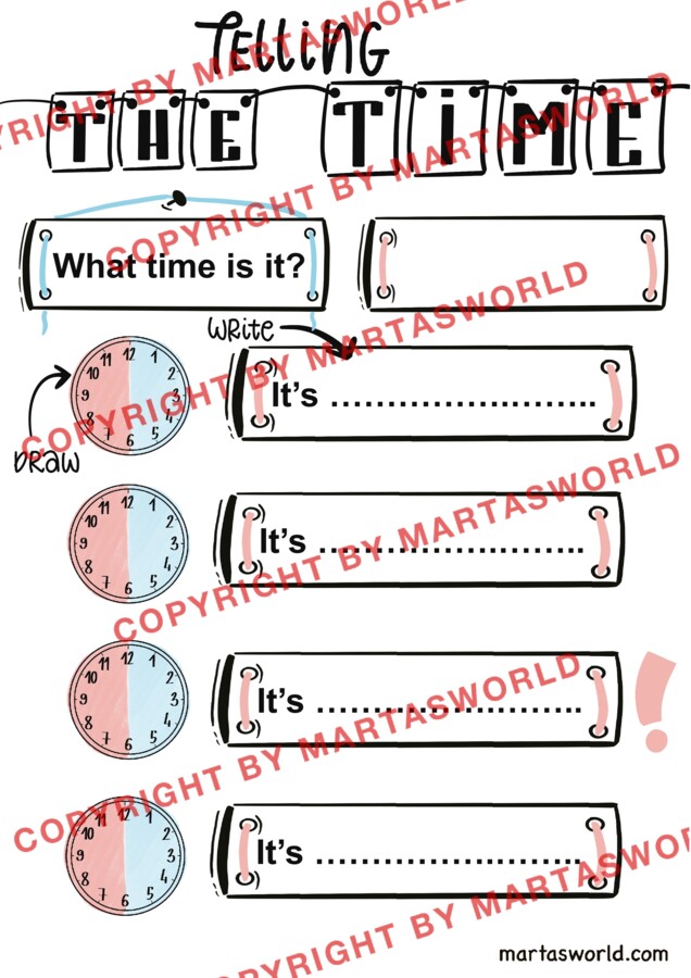 🕒 TELLING THE TIME & DAYS OF THE WEEK – kreatywne karty pracy i notatki wizualne z języka angielskiego 🎨