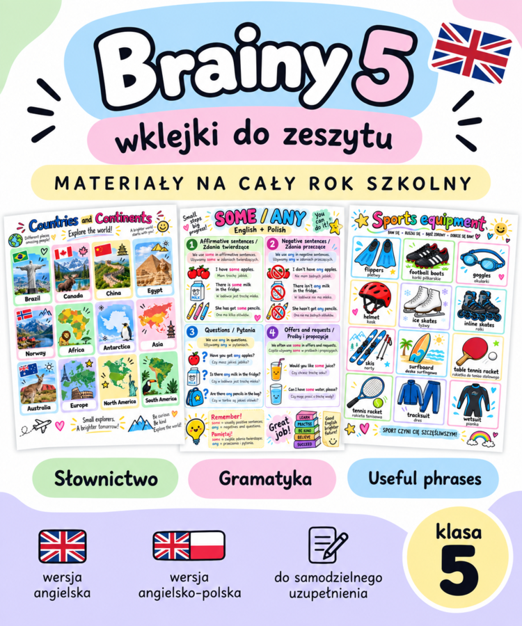 Brainy 5 – wklejki do zeszytu | Słownictwo + gramatyka + Useful Phrases | cały rok