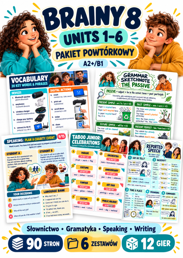 Brainy 8 Units 1–6 – pakiet powtórkowy A2+/B1 | 90 stron, karty pracy i 12 gier