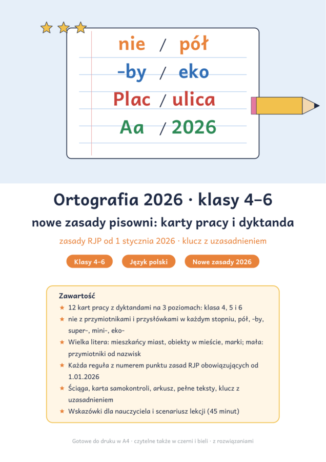 Ortografia 2026 klasy 4–6: nowe zasady pisowni – karty pracy i dyktanda z kluczem