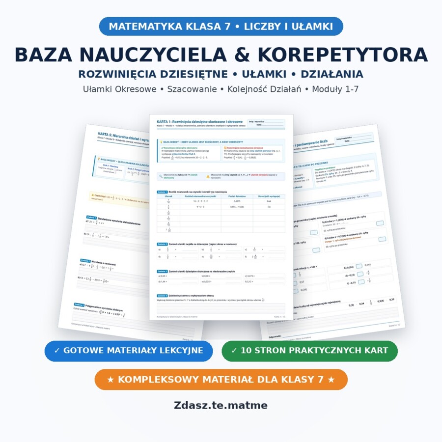 Liczby Wymierne Klasa 7 – Kompletny Pakiet Edukacyjny (8 Kart Pracy + Kartkówka A/B + Pełny Klucz)