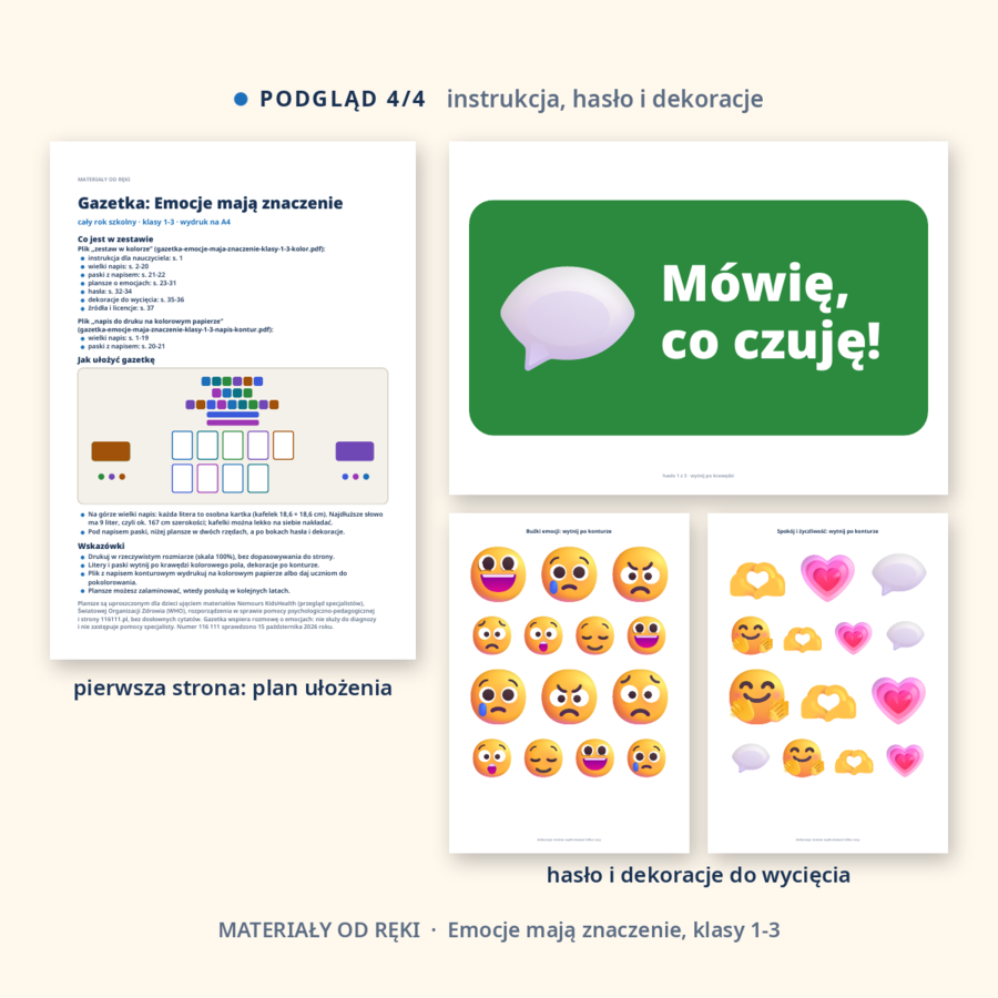 Gazetka Emocje mają znaczenie - jak dbać o siebie i prosić o pomoc, klasy 1-3: napis, 9 plansz o emocjach, odpoczynku i szukaniu pomocy, hasła i dekoracje