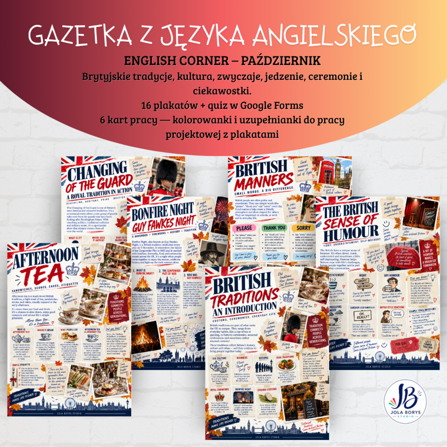 Gazetka z języka angielskiego – Brytyjskie tradycje: British Traditions | 16 plakatów + karty pracy + quiz w Google Forms