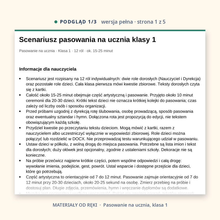 Pasowanie na ucznia klasy 1, scenariusz uroczystości, wersja pełna i skrócona
