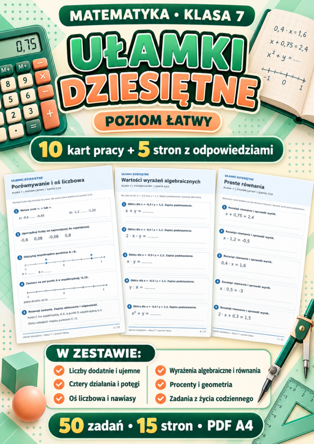 UŁAMKI  DZIESIĘTNE-ŁATWE-klasa 7