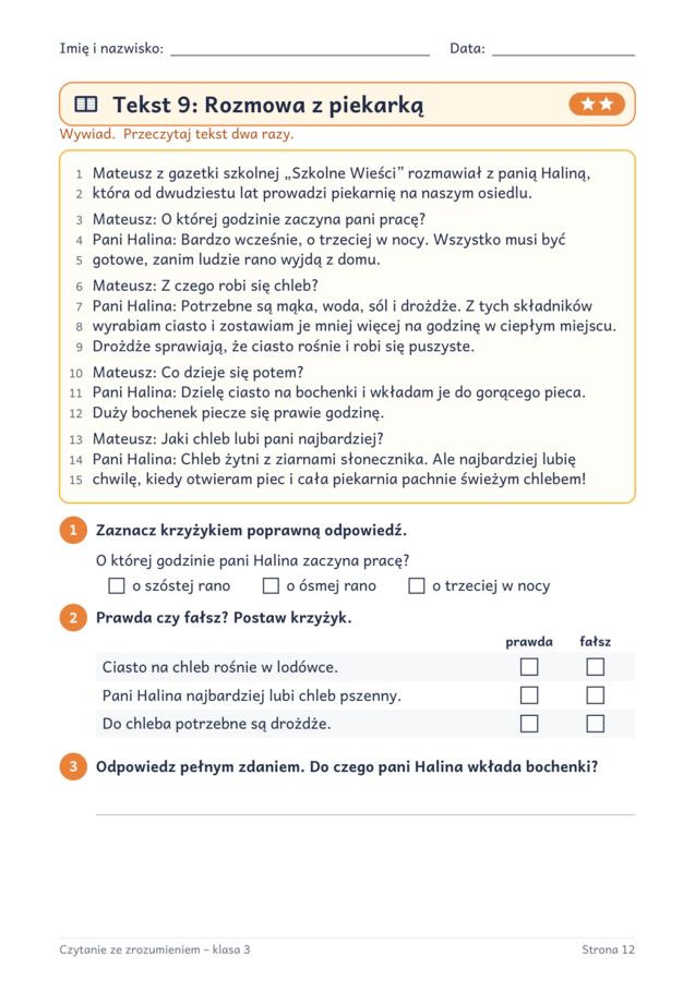 Czytanie ze zrozumieniem klasa 3: 20 tekstów z pytaniami