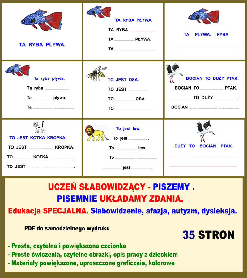 UCZEŃ SŁABOWIDZĄCY - PISZEMY .  PISEMNIE UKŁADAMY ZDANIA.  Edukacja SPECJALNA. Słabowidzenie, afazja, autyzm, dysleksja.