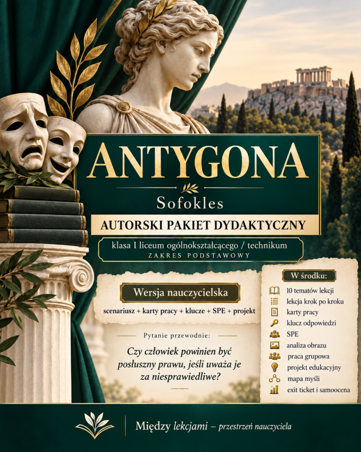 „Antygona” Sofoklesa – kompletny pakiet dydaktyczny | scenariusz lekcji, karty pracy, SPE, klucze, projekt