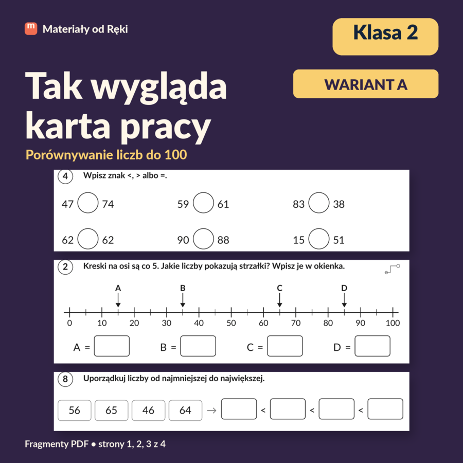 Porównywanie liczb do 100 - karta pracy z kluczem | Matematyka, klasa 2 | Wariant A