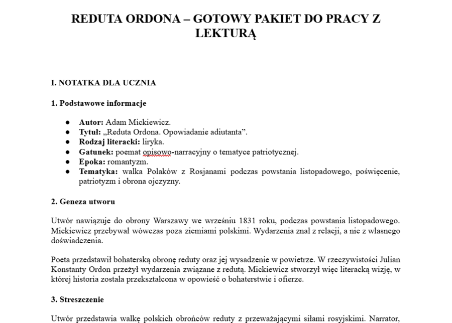 Reduta Ordona- gotowy pakiet do pracy z lekturą