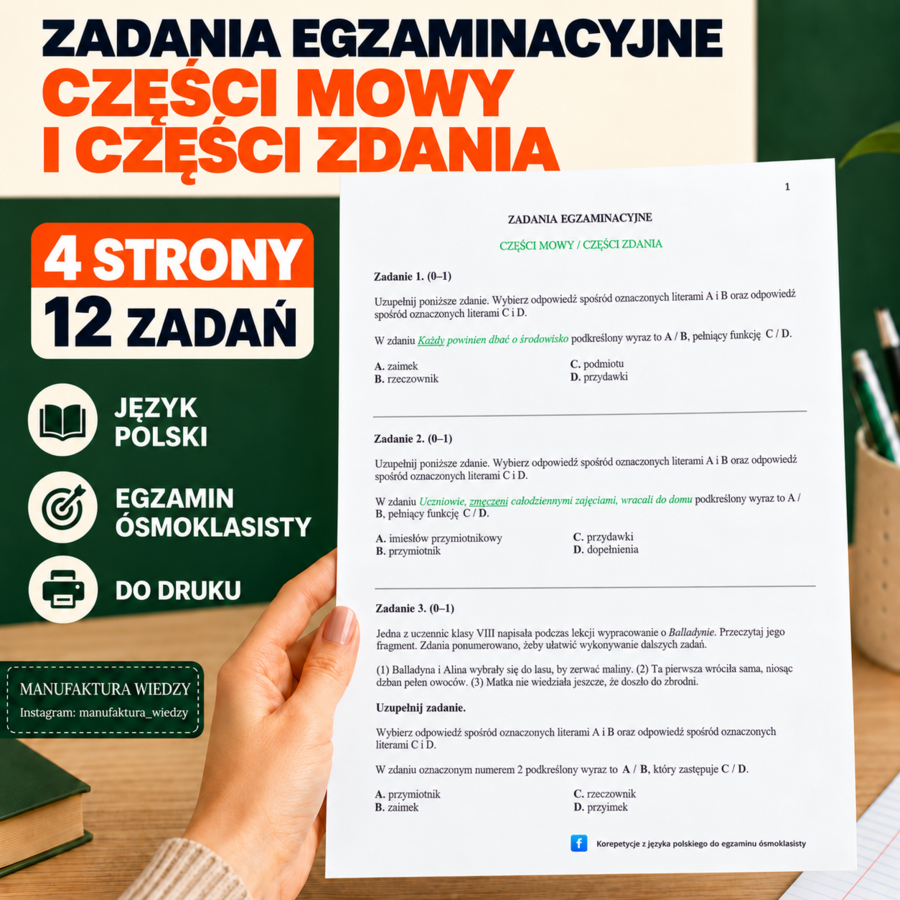 Karty pracy – Egzamin ósmoklasisty, język polski: gramatyka i składnia (zaimek, imiesłów, części zdania) – 12 zadań [PDF] - E8