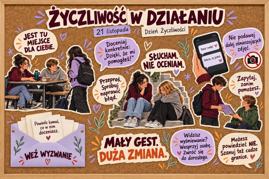 💜 Życzliwość w działaniu — gazetka dla klas 4–8 na Dzień Życzliwości