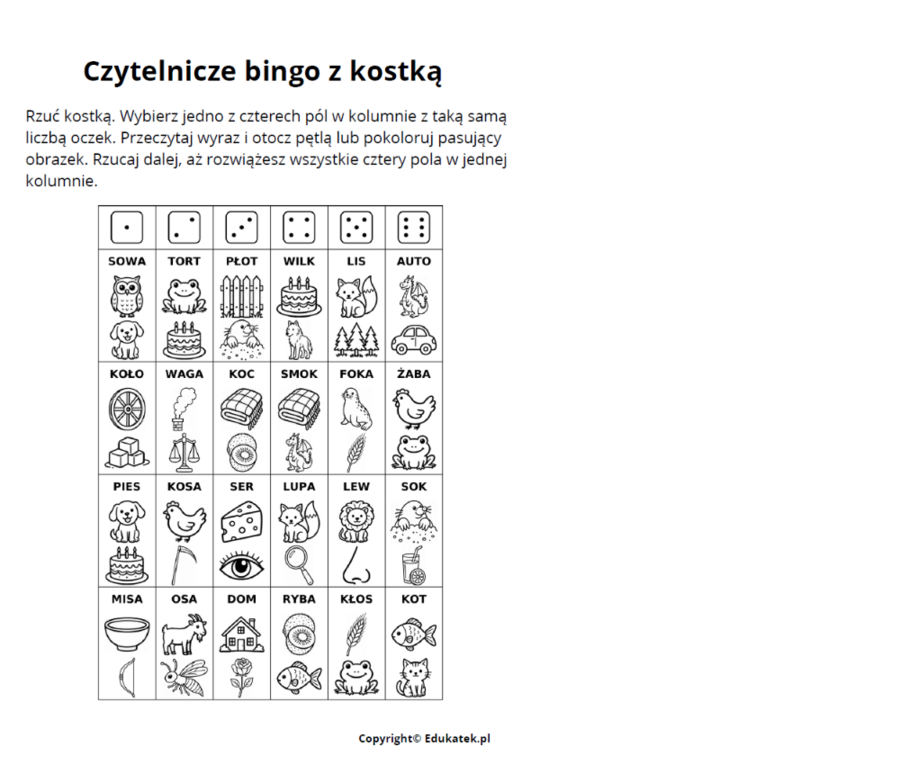 Czytelnicze bingo z kostką