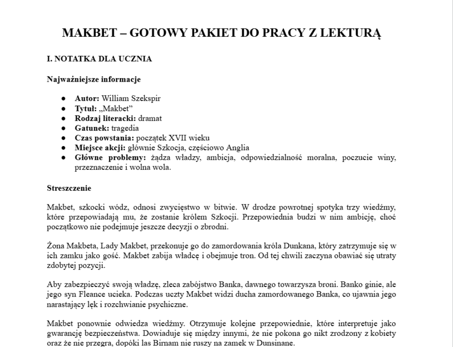 Makbet- gotowy materiał do pracy z lekturą