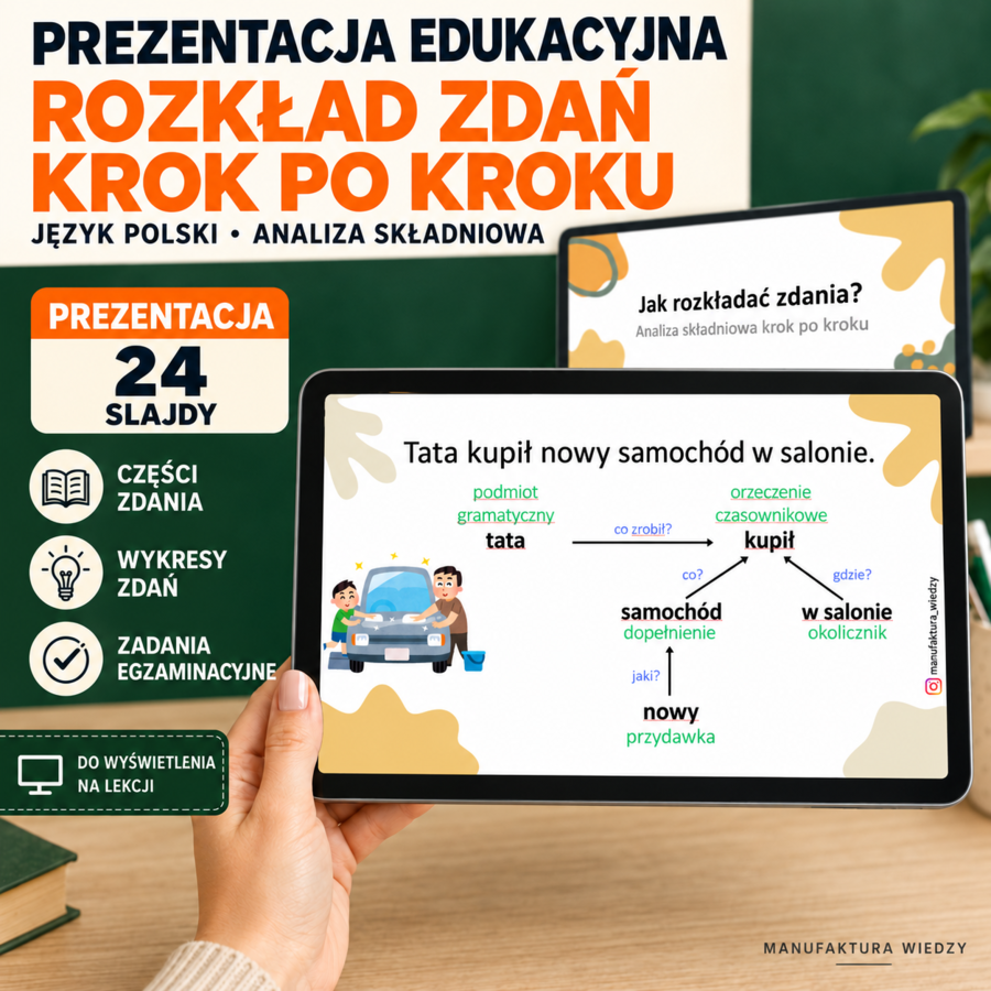 Prezentacja – rozkład zdań (analiza składniowa zdań): podmiot, orzeczenie, dopełnienie, przydawka, okolicznik [PPTX/PDF] – język polski, klasa 7, klasa 8, E8, zadania egzaminacyjne