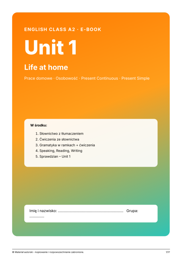 English Class A2 – Unit 1 Life at home | klasa 6 | e-book 17 stron + klucz