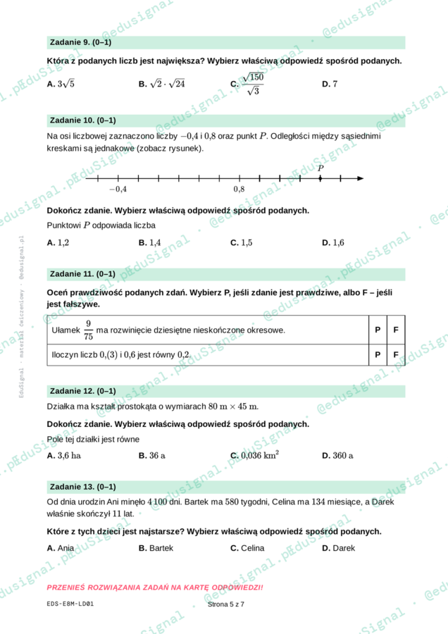 Próbny egzamin ósmoklasisty z matematyki: Liczby i działania , klasa 8 (karta odpowiedzi + zasady oceniania)