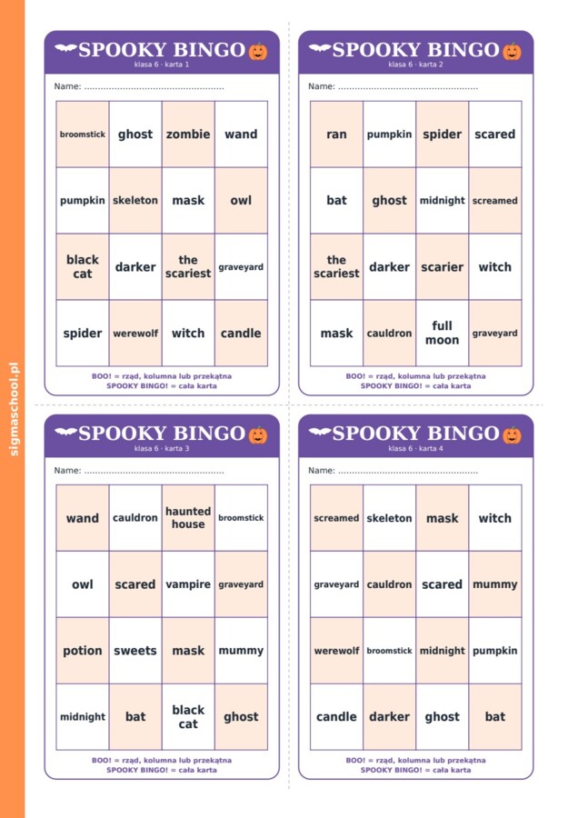 Halloween – Spooky Bingo – język angielski, klasa 6