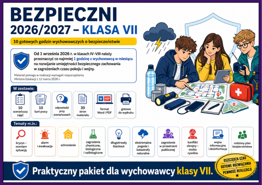 🛡️ BEZPIECZNI 2026/2027 – KLASA VII - 10 gotowych godzin wychowawczych o bezpieczeństwie