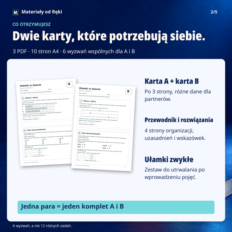 Ułamki w duecie - zadania w parach z kartami A/B, klasy 5-6