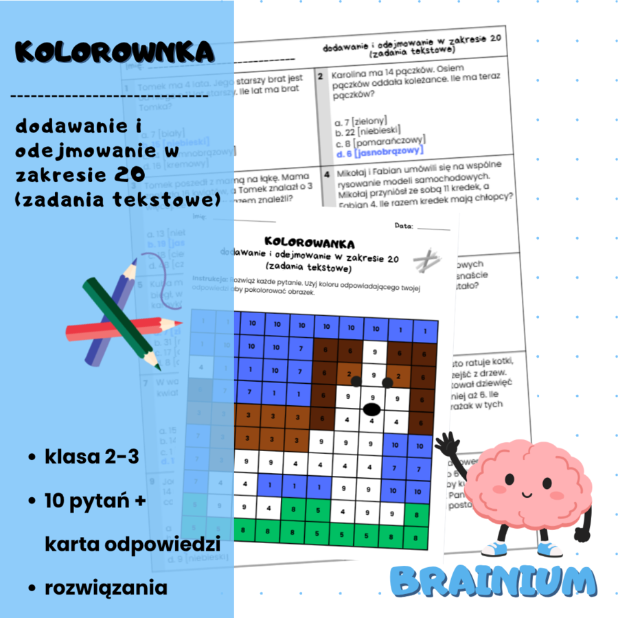 KOLOROWANKA - dodawanie i odejmowanie w zakresie 20 (zadania tekstowe)