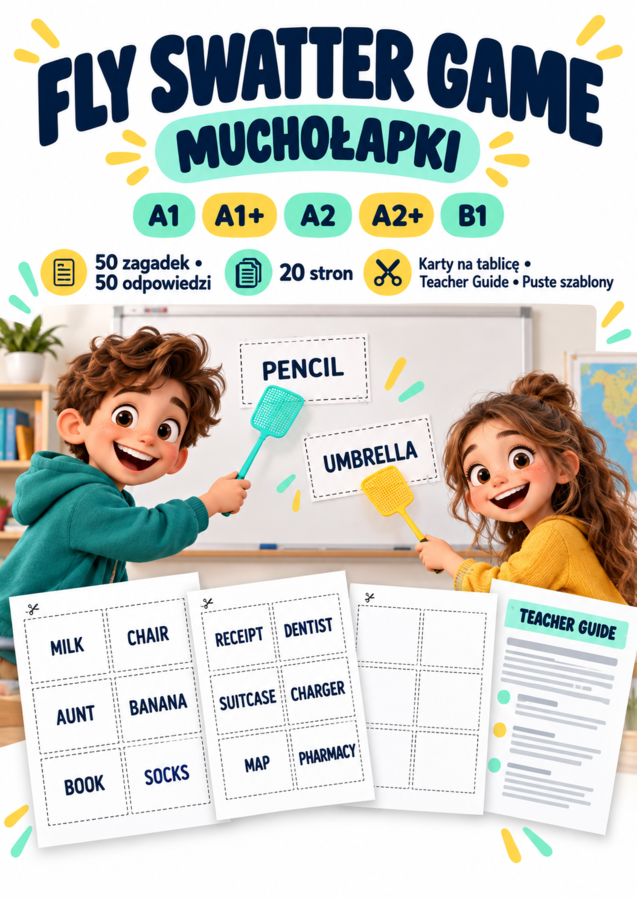 GRA Fly Swatter Game – Muchołapki | Gra na angielski A1–B1 | 50 zagadek i karty do druku