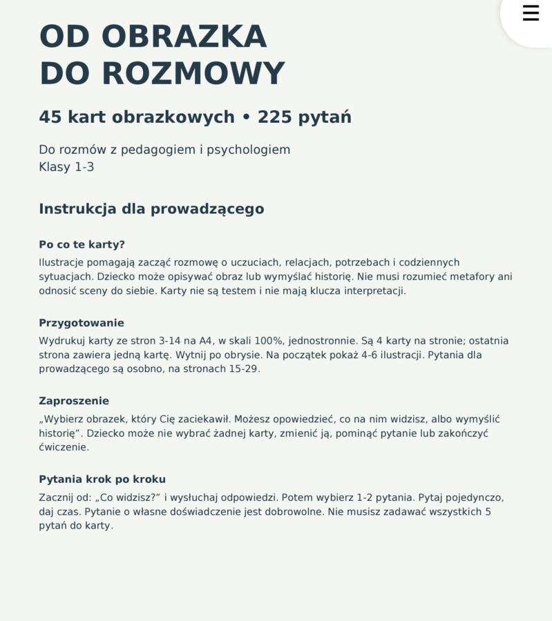 Od obrazka do rozmowy — 45 kart do rozmów z pedagogiem i psychologiem dla klas 1–3
