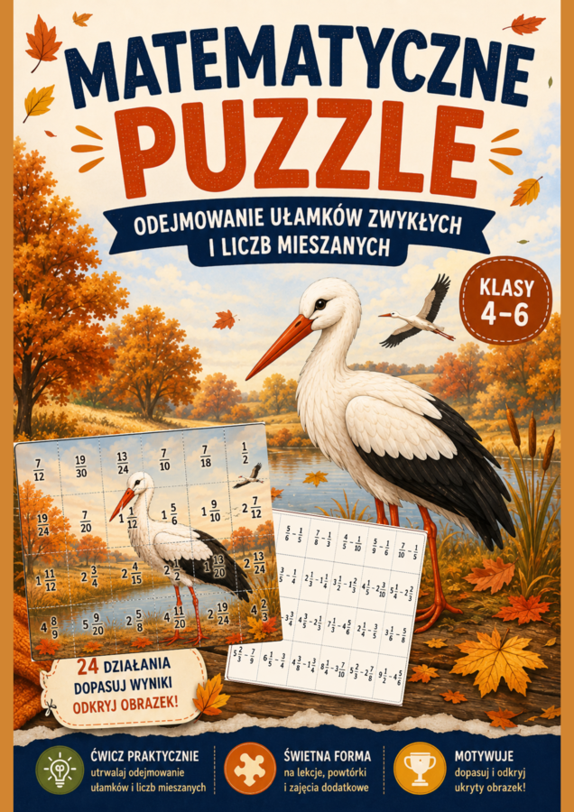 🧩 Matematyczne puzzle – odejmowanie ułamków zwykłych i liczb mieszanych o różnych mianownikach – klasy 4–6