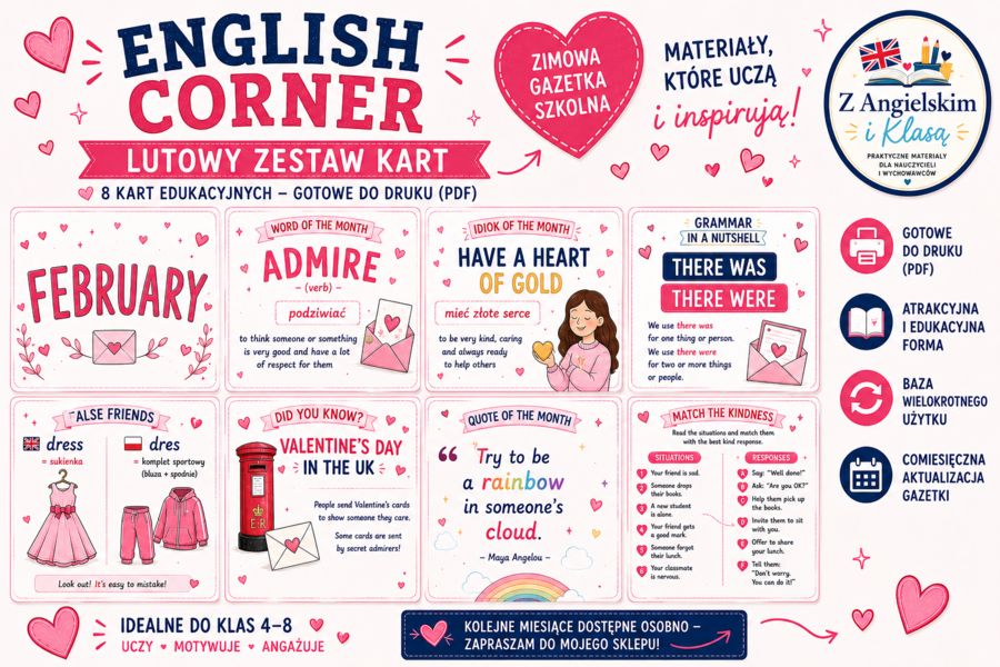 English Corner – LUTY | Zestaw wymiennych kart do gazetki szkolnej | Dekoracja pracowni języka angielskiego PDF