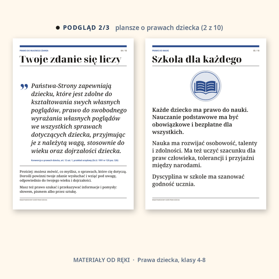 Gazetka na Międzynarodowy Dzień Praw Dziecka 20 listopada: napis, 10 plansz o prawach dziecka, hasła i karty do wycięcia, klasy 4-8