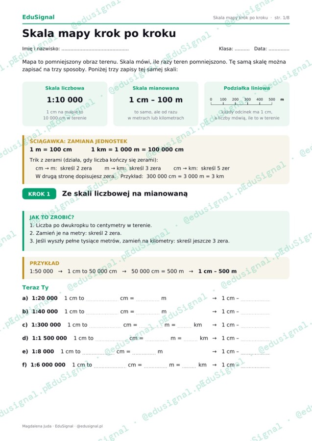 Skala mapy — karty pracy z wytłumaczeniem,  klasy 4–8 (matematyka, geografia)
