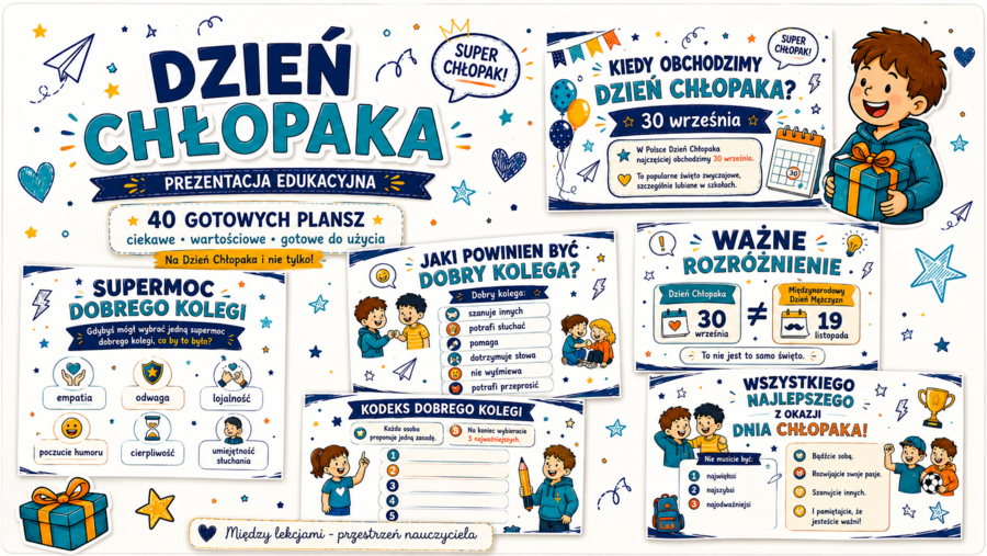 Dzień Chłopaka – 40 plansz edukacyjnych z zadaniami, quizem i zabawami