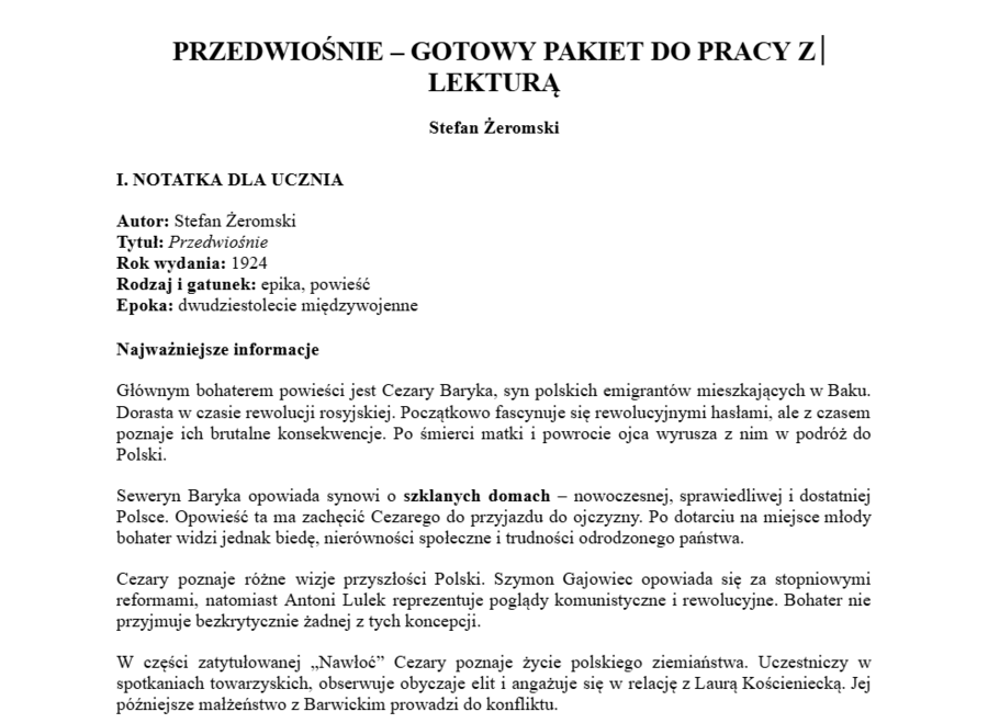 Przedwiośnie- praca z lekturą