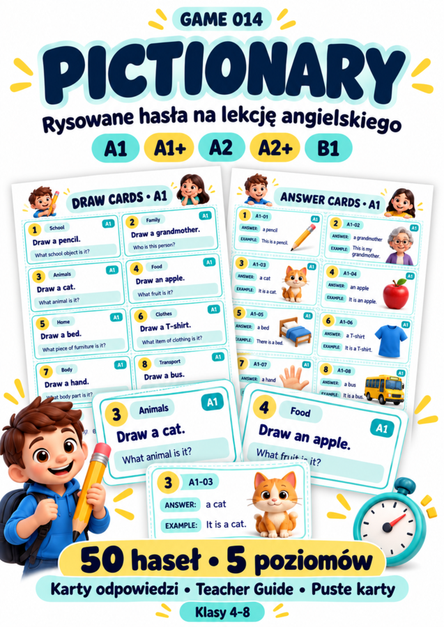 GRA Pictionary – rysowane kalambury po angielsku | 50 haseł | A1–B1 | Klasy 4–8
