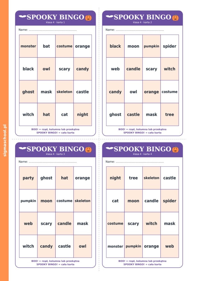 Halloween – Spooky Bingo – język angielski, klasa 4