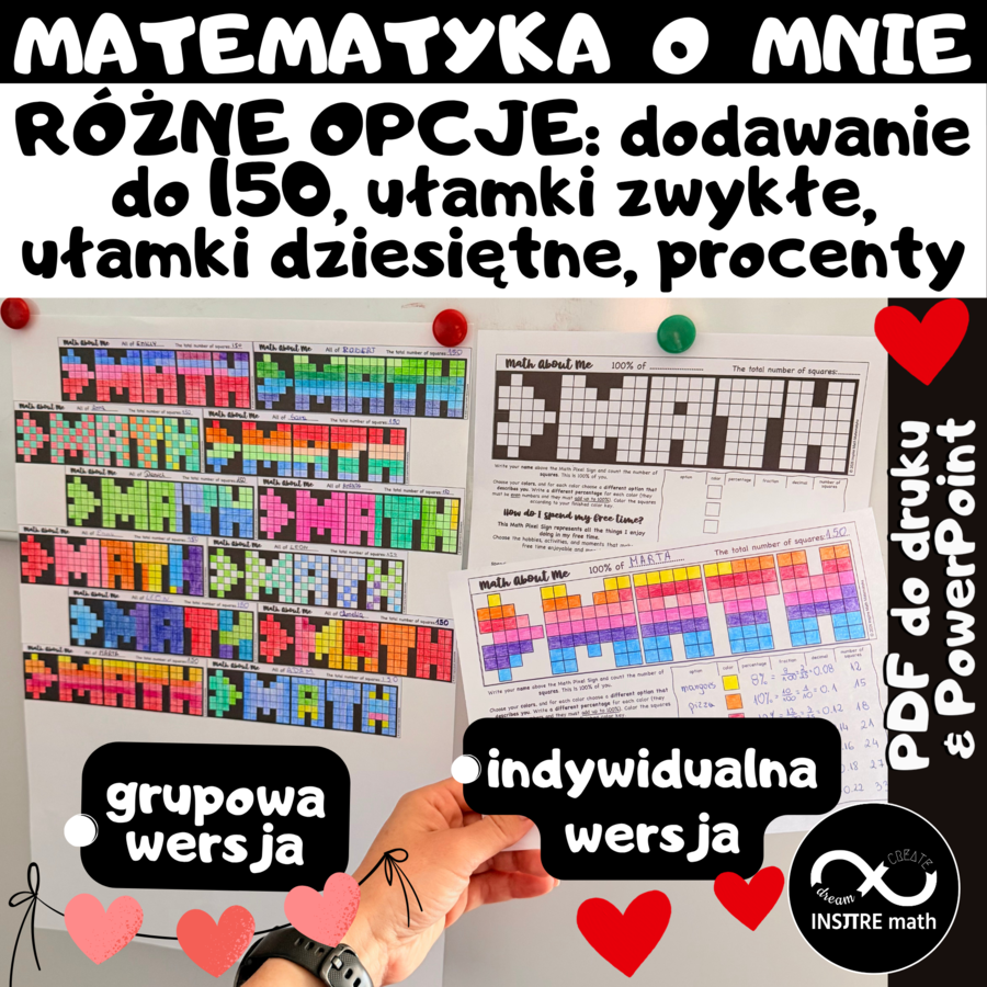 Poznajmy się, matematyka o mnie. Projekt grupowy lub indywidualny na początek roku. Różne opcje: dodawanie do 150, ułamki zwykłe, ułamki dziesiętne, procenty.