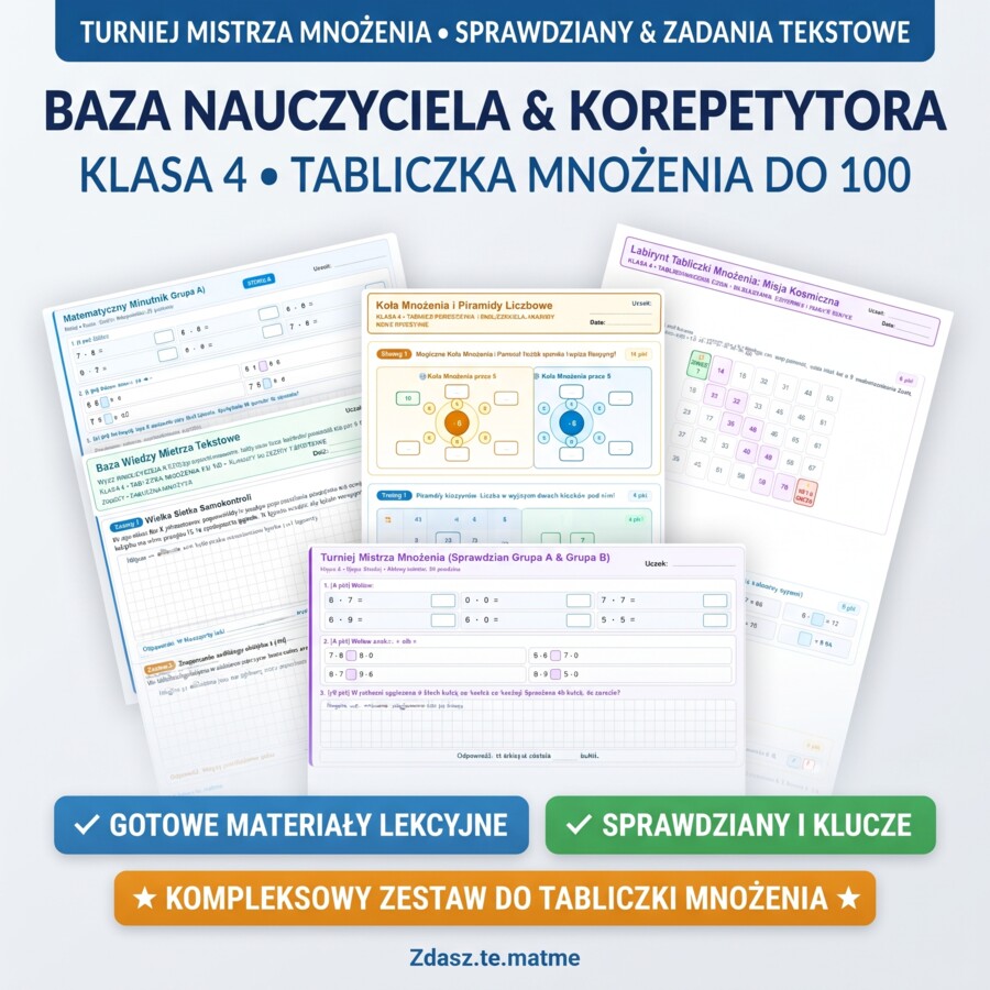 Mistrz Tabliczki Mnożenia Klasa 4 – Kompletny Pakiet Treningowy: Baza Wiedzy + Minutnik + Labirynty + 100 Iloczynów + Kartkówka i Sprawdzian (A/B) + Klucz