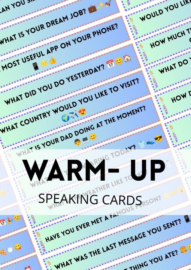 WARM-UP - speaking - zestaw 120 Speaking Cards - paski - questions - pytania - mówienie - angielski - ice-breaker - rozgrzewka - zajęcia grupowe - do wydrukowania - do zalaminowania - B1 - .pdf